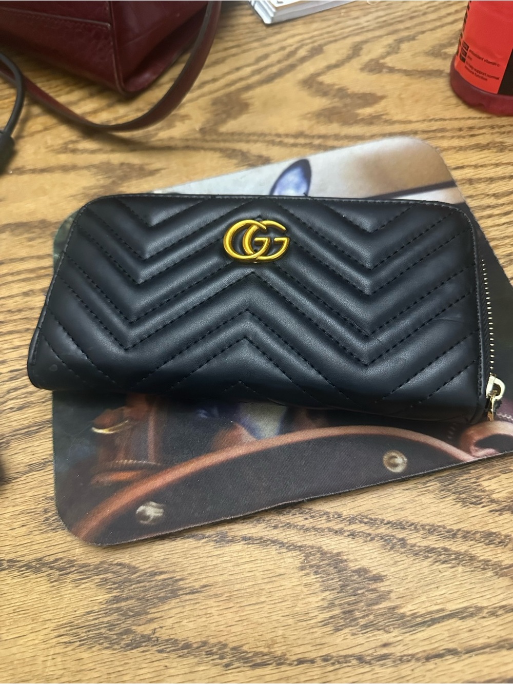 Black Chevron Quilted Leather Zip Wallet with Gold GG